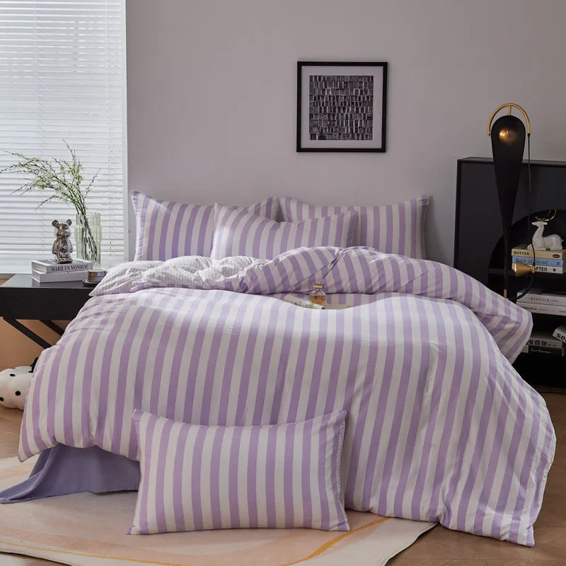 Liliac Purple Boho Striped Microfiber Bedding Set – 4-Piece Soft & Cozy Duvet Cover Set with Pillowcases & Flat Sheet