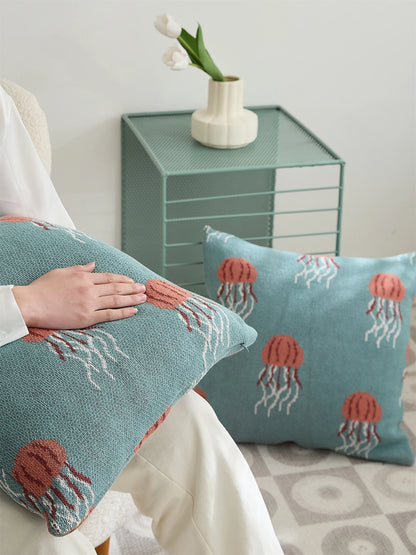 Elegant Jellyfish Embroidered Cotton Throw Pillow Cover – Ocean-Inspired Boho Home Decor Accent