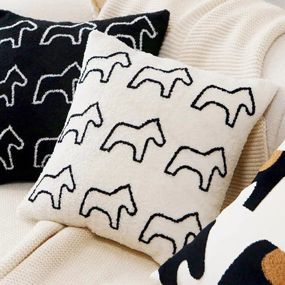 My Boho Home Nordic Embroidered Animal Pillow Cover – Modern Boho Plush Cushion for Couch, Bed or Nursery Horses