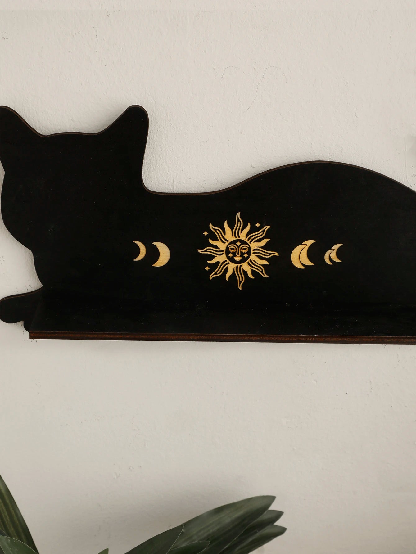 Black Cat Wooden Floating Shelf Moon Phase Chakra Crystal Stone Display Stand Wall Shelf Witch Home Decor Boho Room Decor Home Bedroom
