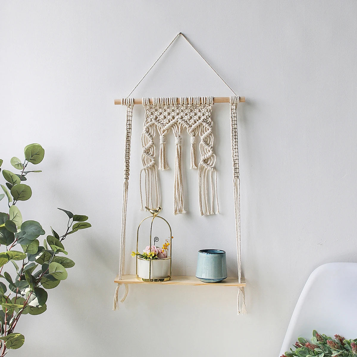 Macramé Wood Hanging Wall Shelf