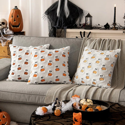 Ghost & Pumpkin Plush Faux Fur Pillow Cover – 18x18” Halloween & Fall Decor for Sofa or Bed