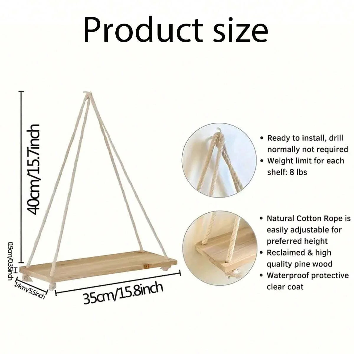 1Pc or 3Pcs Wooden Swing Hanging Hemp Rope Wall Shelf Mounted Floating Home Living Room Plant Flower Pot Tray Storage Garden Decoration Shelves Boho Home Decor Wall Art