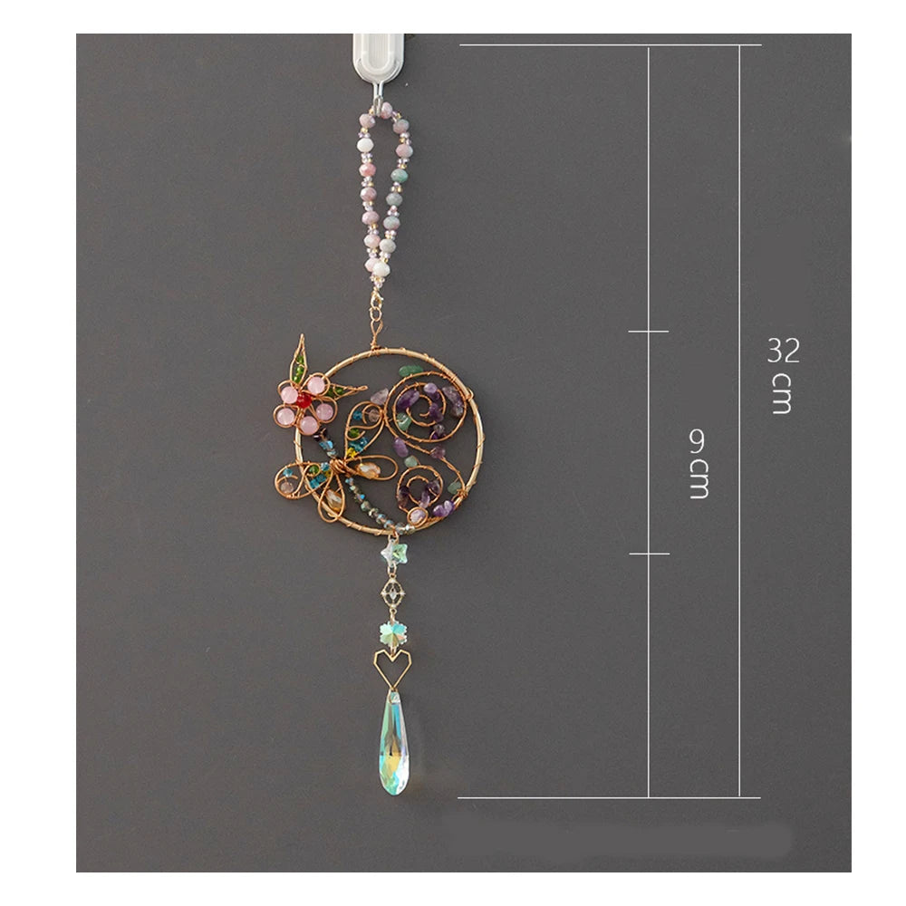 Decorative hanging ornament with gemstones and beads on a gray background boho home decor, crystal wind chime, sun catcher for windows, moon prism chime, agate stone hanging, garden art decor, patio hanging decoration, boho housewarming gift, spiritual gift, crystal suncatcher, balcony decor, meditation decor, handmade crystal chime