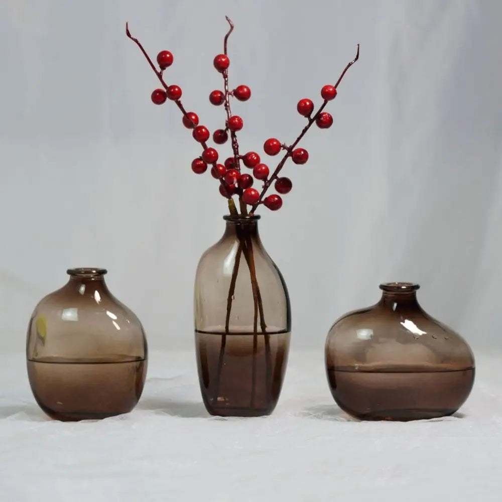 Three brown glass vases with a central vase containing red berries on a light gray background. Boho Home Decor. 