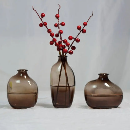 Three brown glass vases with a central vase containing red berries on a light gray background. Boho Home Decor. 