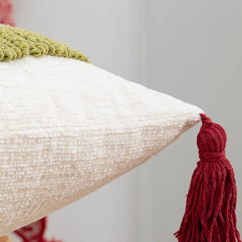 Textured pillow with a red tassel on a neutral background