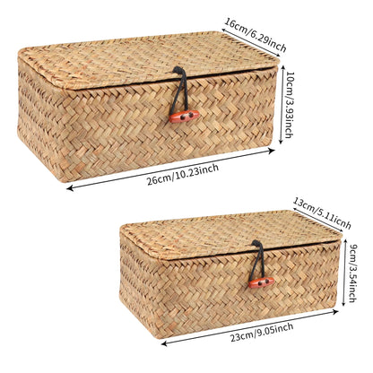 Woven storage boxes with dimensions labeled on a white background Handmade seagrass rattan storage box with lid, rectangular woven organizer basket for makeup, jewelry, office, and boho home decor