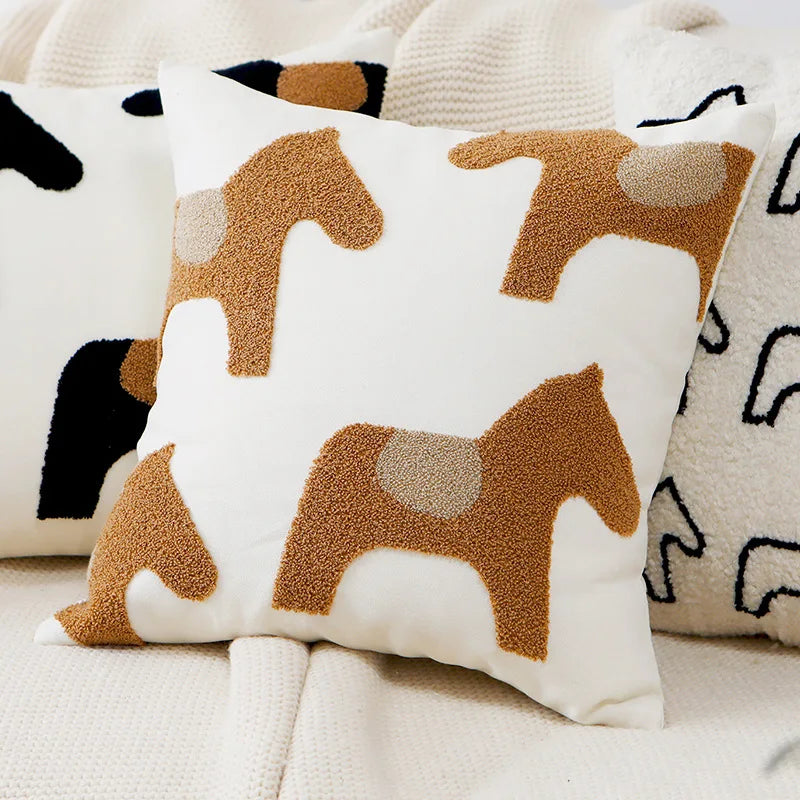 My Boho Home Nordic Embroidered Animal Pillow Cover – Modern Boho Plush Cushion for Couch, Bed or Nursery Horse