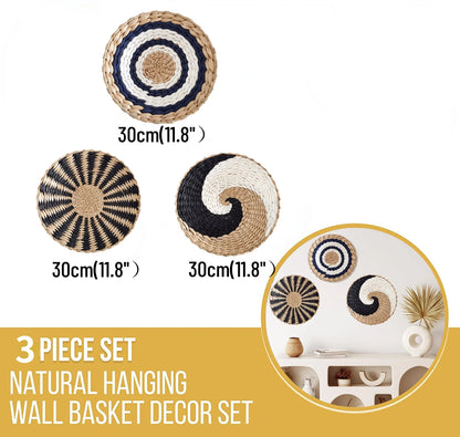 Straw Woven Wall Decoration Boho Rattan Wall Basket Decor Round Grass Weaving Ornament Rustic Seagrass Flat Hoom Hanging Crafts Fruit Bowl Wall Art for Boho Home Decor