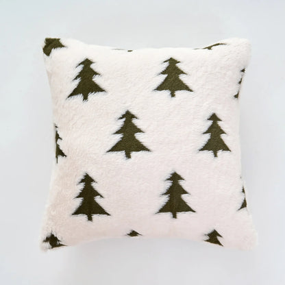 Decorative pillow with green tree pattern on a light gray background