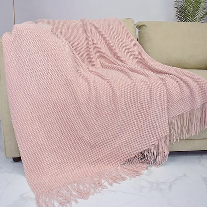 Cozy Knitted Waffle Throw Blanket – Soft Boho Home Decor with Tassels