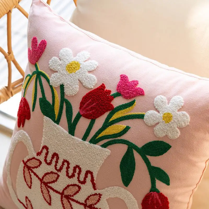 Boho Home Decor – Floral Embroidered Cotton Cushion Cover