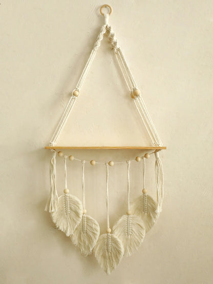 Boho Macrame Floating Wall Shelf with Leaf Tassels