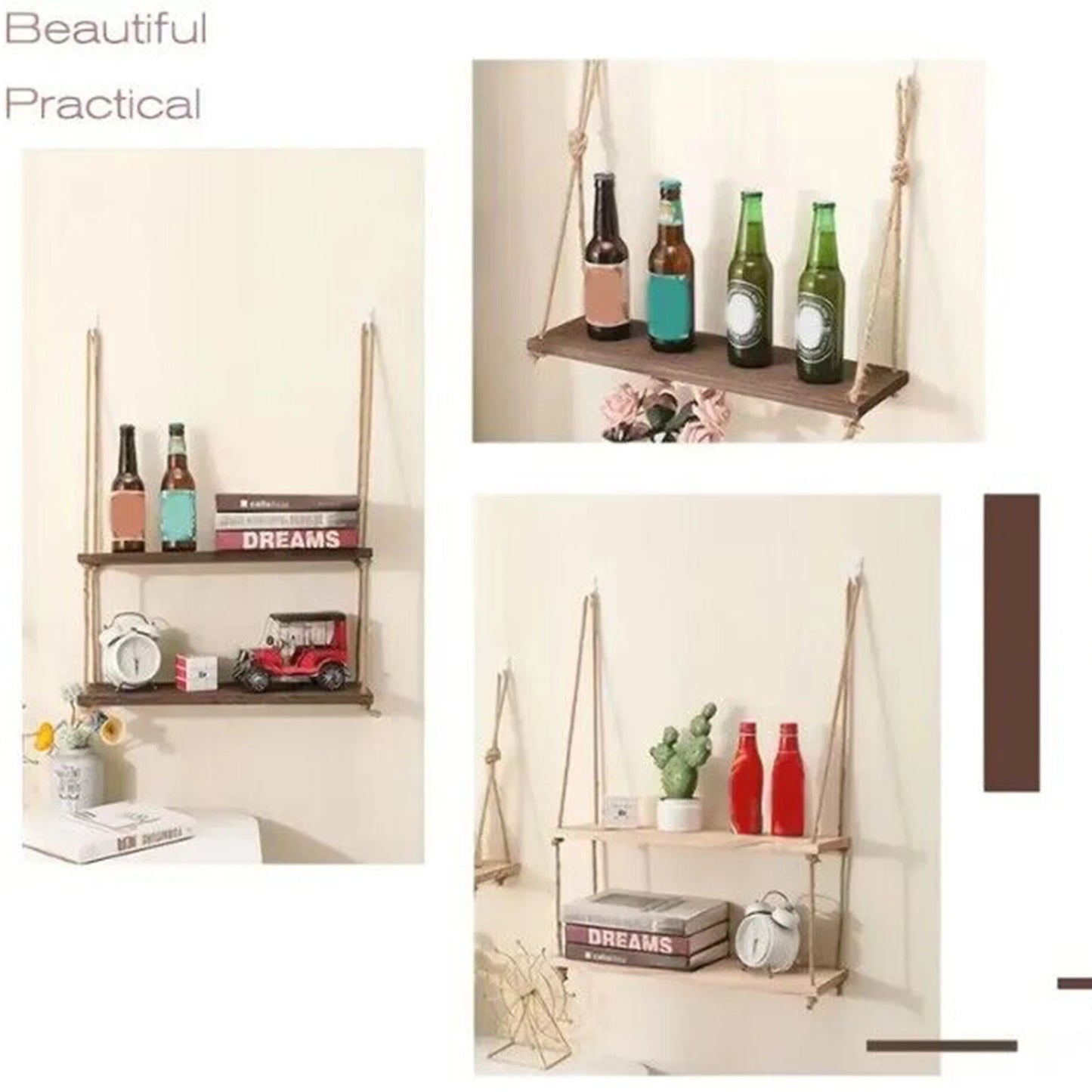 Wooden Floating Shelves for Wall Plants Flower Wood Rope Swing Hanging Storage Home Living Room Decor One Two and Three Tier Shelf