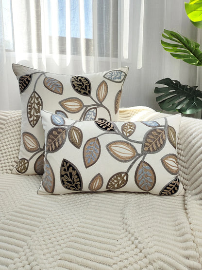 Leaf Embroidered Throw Pillow Cover – Canvas Cushion Cover for Boho Home Decor