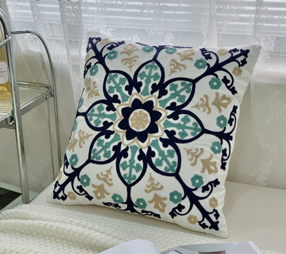 Decorative pillow with floral pattern on a couch, floral embroidery on linen cotton cushion cover – boho home decor accent
