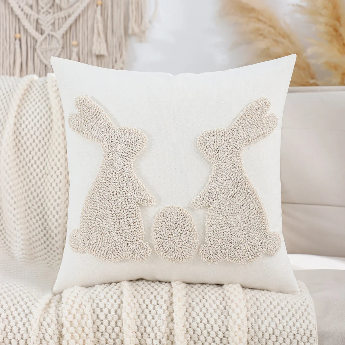 Easter Rabbit Canvas Tufted Throw Pillow Cover – Decorative 45x45 cm Cushion for Sofa & Bed