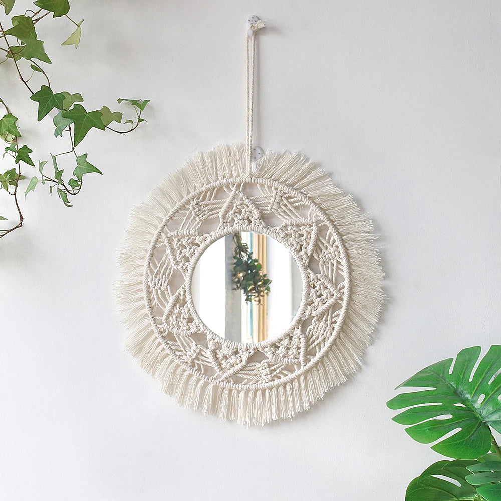 Boho Macrame Round Wall Mirror – Decorative Hanging Mirror for Bedroom & Living Room - Natural Knotted Sun