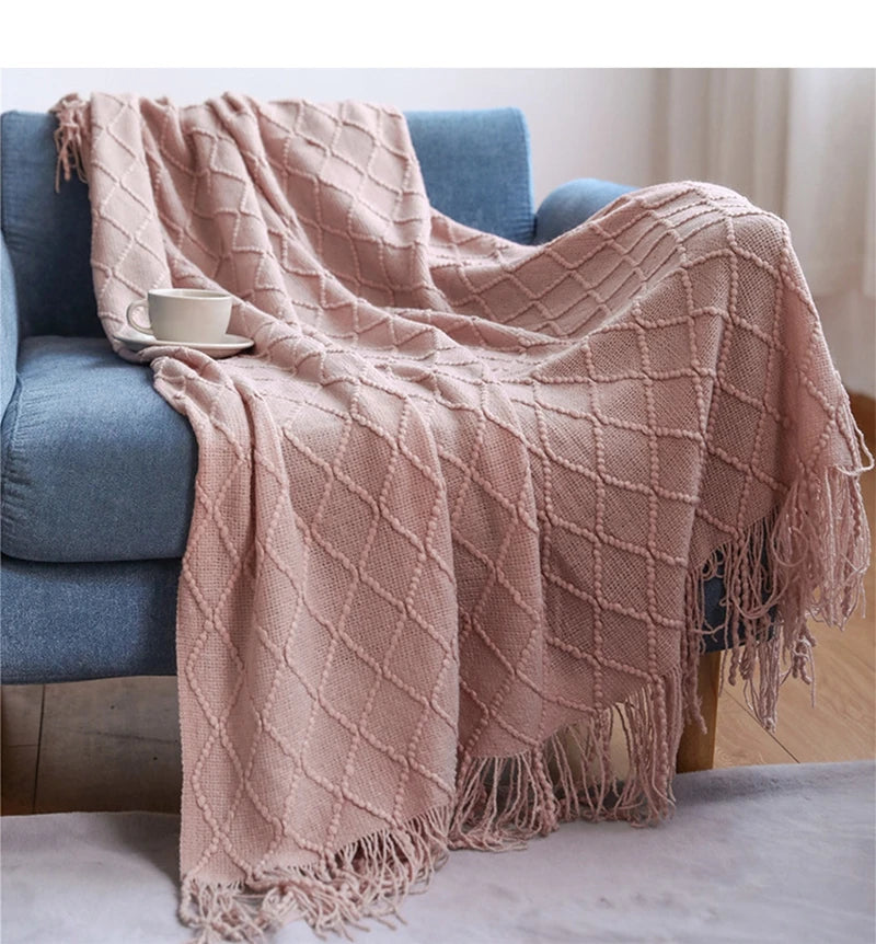 Soft Knit Boho Throw Blanket – Lightweight Acrylic Travel & Home Decor Accent with Fringe