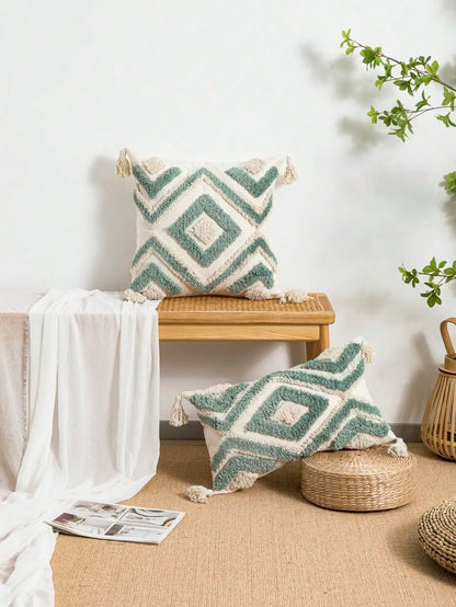 Decorative pillows with geometric patterns on a wooden bench and stool in a home setting. Nordic Moroccan tufted throw pillow cover in geometric jacquard design, boho accent cushion for sofa, bed, or car, available in 12x20 inch lumbar and 18x18 inch square sizes – cozy textured boho home decor.