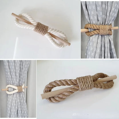 Rope curtain tiebacks with wooden rods on a white background boho home decor, curtain tie back, wooden curtain buckle, nordic home accessory, hemp rope curtain tie, rustic window decor, boho curtain accessory, modern farmhouse, minimalist curtain hold, housewarming gift idea