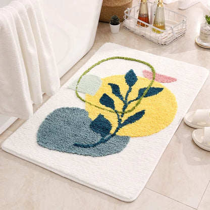 Boho Plant Art Non-Slip Bath Mat – Soft & Absorbent Bathroom Rug with Abstract Leaves
