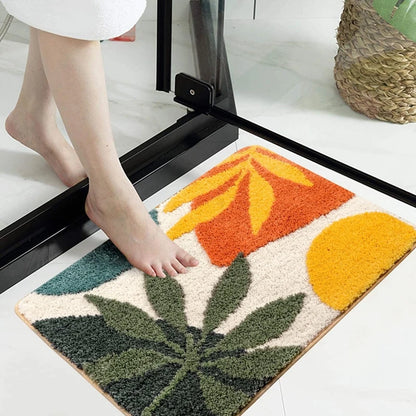 Boho Plant Art Non-Slip Bath Mat – Soft & Absorbent Bathroom Rug with Abstract Leaves