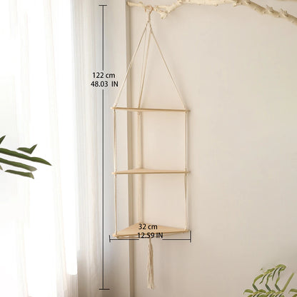 Boho Macrame Hanging Wooden Shelf – Handcrafted Floating Wall Shelf for Home Decor