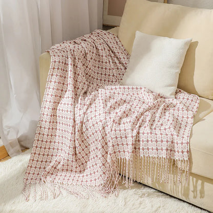 Textile Knitted Checkered Throw Blanket – Soft Acrylic with Tassels