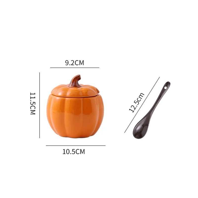 Pumpkin-shaped container with dimensions and a spoon on a white background. Pumpkin-shaped ceramic bowl with lid kitchen container Halloween and Thanksgiving fall serving dish