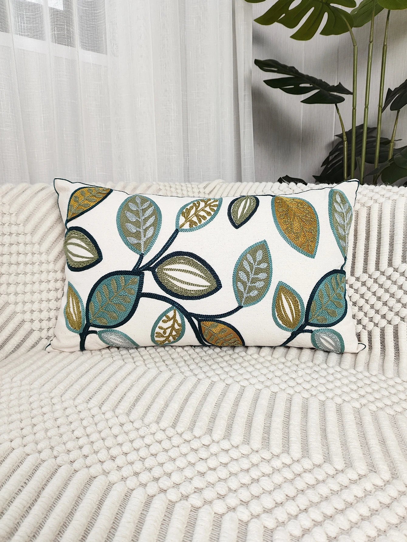 1pc Leaf Embroidered Canvas Throw Pillow Cover for Living Room and Home Decor Cushion Cover Pillowcase Leaves