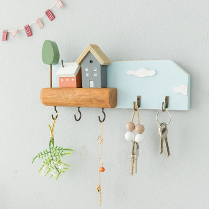🏡 Fairytale Town Wall Hook Rack – Boho Wooden Key Holder & Decorative Village Scene Organizer