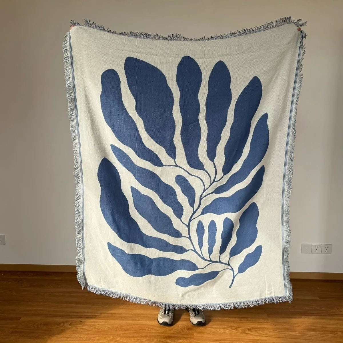 🌿 Blue Leaf Embroidered Throw Blanket – Boho Home Decor with Tassels | Sofa Blanket, Tapestry, Wall Hanging & Housewarming Gift