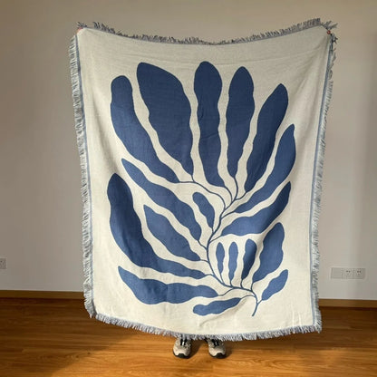 🌿 Blue Leaf Embroidered Throw Blanket – Boho Home Decor with Tassels | Sofa Blanket, Tapestry, Wall Hanging & Housewarming Gift