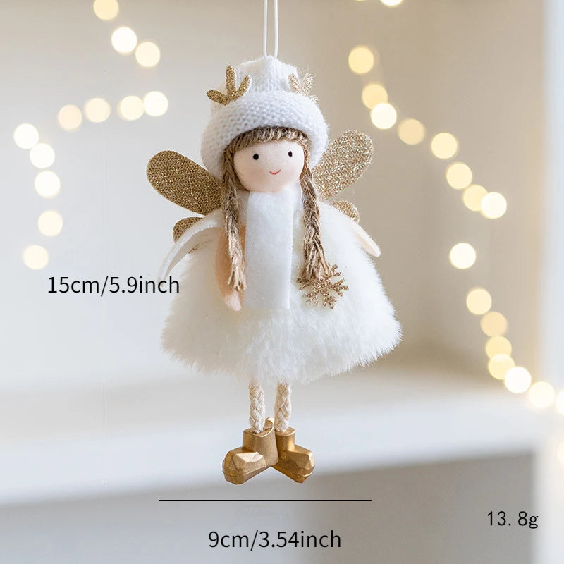 Decorative angel figurine Christmas Ornament with measurements and fairy lights in the background