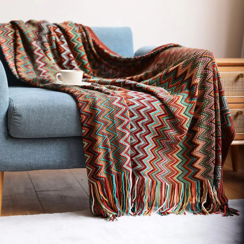 My Boho Home throw blanket with tassels, featuring zig zag stripes and a woven texture—perfect for cozy home decor