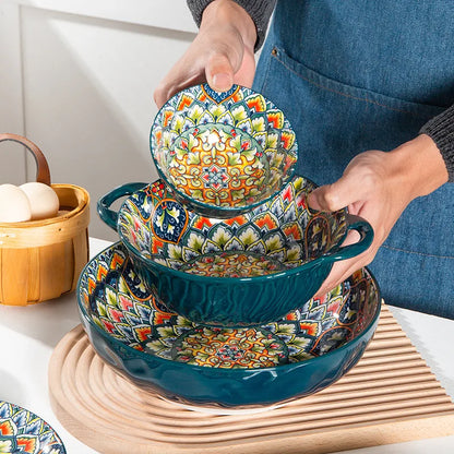 Boho Floral Green Ceramic Plate or Bowl – Retro Dinnerware for Breakfast, Salad, or Soup