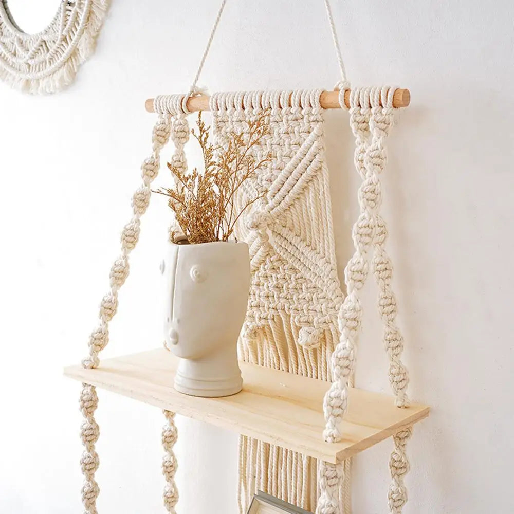 2 Tier Macrame Wall Hanging Floating Shelf Natural Cotton Rope Boho Home Decor Wooden Shelves Candle Holder Hangings Shelving