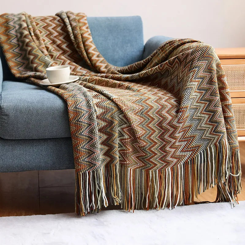 My Boho Home throw blanket with tassels, featuring zig zag stripes and a woven texture—perfect for cozy home decor