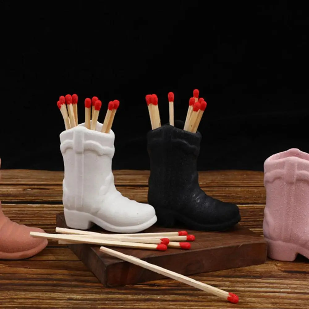 Ceramic Match Holder With Striker Cowboy Boot Shaped Boho Style Jar Fireplace Home Decor Container
