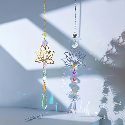 Metal Lotus & Crystal Boho Suncatcher – Handmade Sunlight Charm for Home & Garden.- My Boho Home