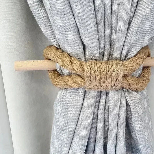 Curtain tieback with jute rope on a gray curtain boho home decor, curtain tie back, wooden curtain buckle, nordic home accessory, hemp rope curtain tie, rustic window decor, boho curtain accessory, modern farmhouse, minimalist curtain hold, housewarming gift idea