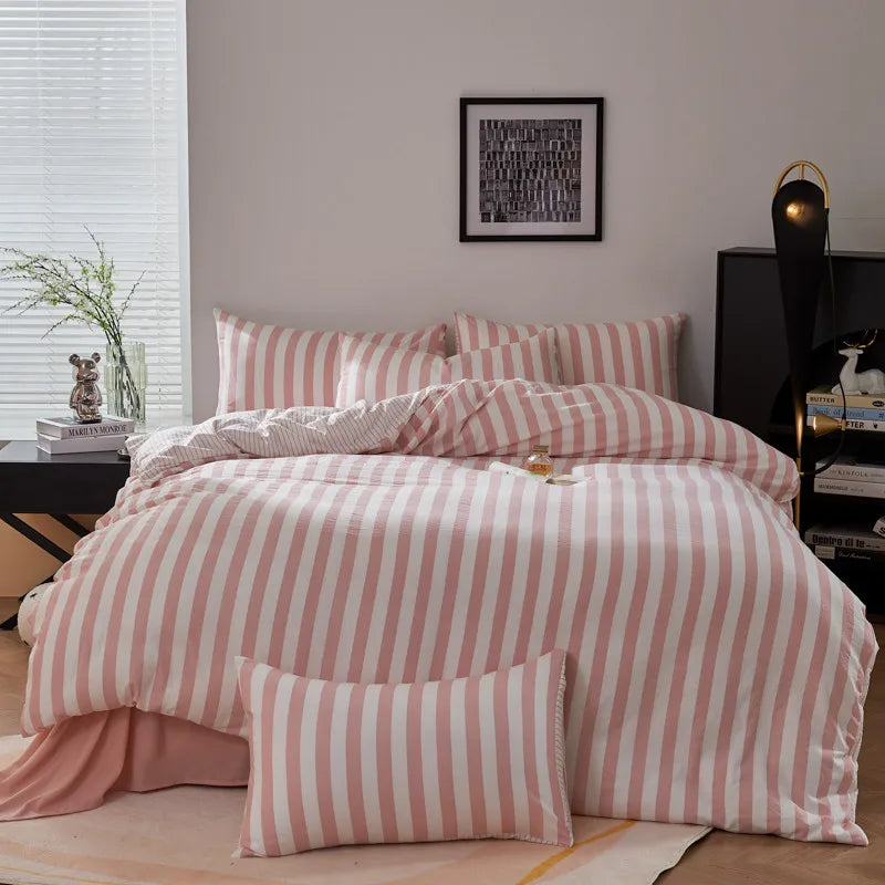 Rose Pink Boho Striped Microfiber Bedding Set – 4-Piece Soft & Cozy Duvet Cover Set with Pillowcases & Flat Sheet