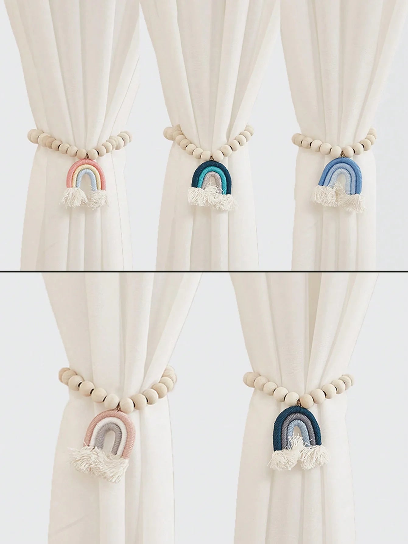 Magnetic Rainbow Macrame Curtain Tiebacks – Wooden Bead & Hemp Rope Holdbacks for Boho Home Decor