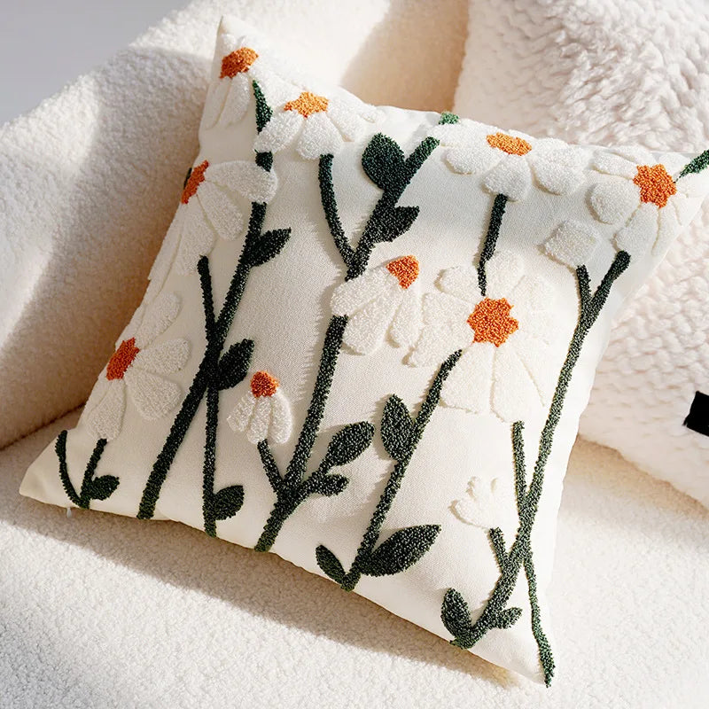 Embroidered Flower Throw Pillow Covers – Boho Cotton Cushion Covers for Bed, Sofa & Home Decor Housewarming Gift for Boho Lover 