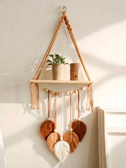 Boho Macrame Floating Wall Shelf with Leaf Tassels