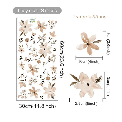 Boho Floral Leaf Wall Stickers – Removable 3D Vinyl Decals for Kids' Nursery & Home Decor - Neutral Flowers