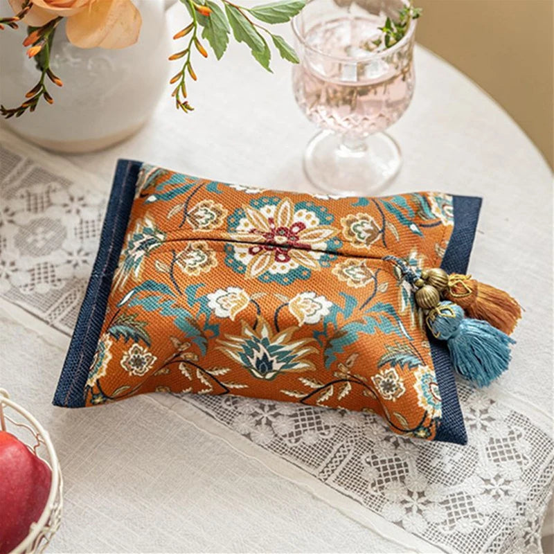 Decorative pouch with floral pattern on a lace tablecloth boho home decor, reusable tissue bag, cotton tassel tissue holder, plush tissue organizer, bathroom tissue box cover, car tissue case, American style tissue pouch, soft fabric tissue holder, decorative tissue box, housewarming gift, eco-friendly storage