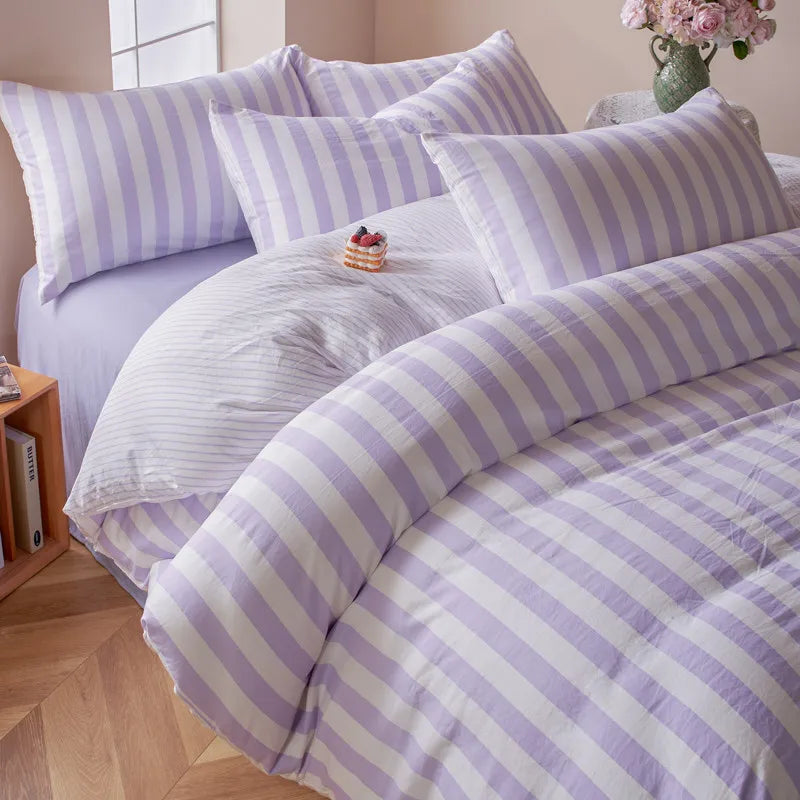 Lilac Purple Boho Striped Microfiber Bedding Set – 4-Piece Soft & Cozy Duvet Cover Set with Pillowcases & Flat Sheet